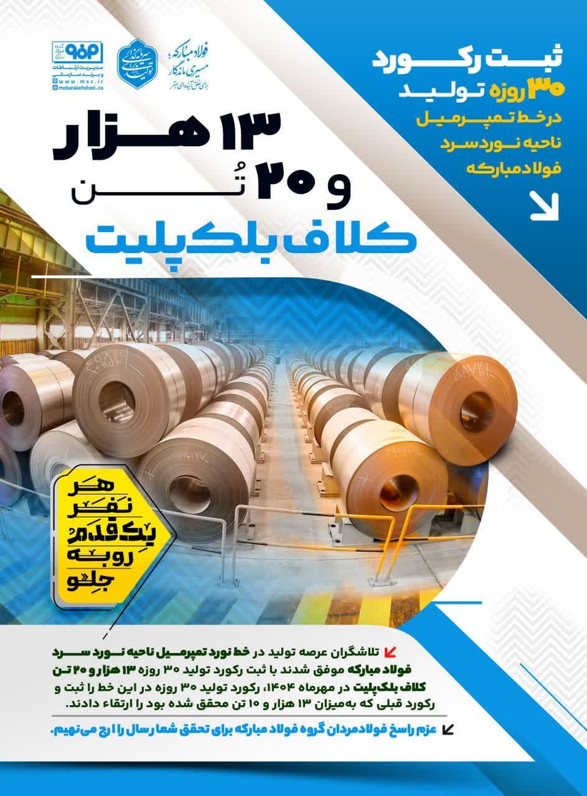 ثبت رکورد ۳۰ روزه تولید ۱۳هزار و ۲۰ تن کلاف بلک پلیت در خط تمپرمیل ناحیه نورد سرد فولادمبارکه