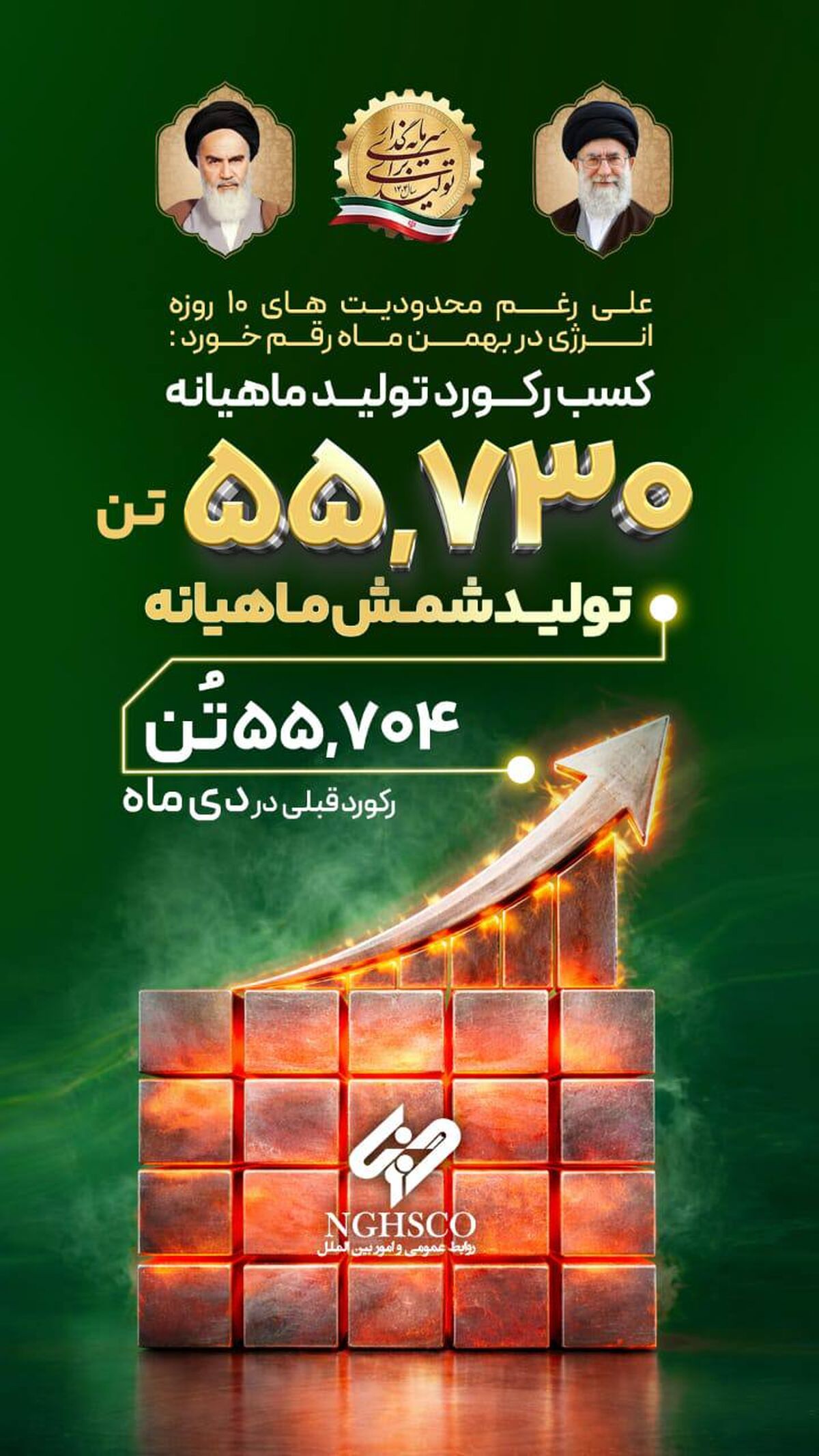 کسب رکورد تولید ماهیانه تولید شمش در بهمن ماه به میزان ۵۵هزار و ۷۳۰ تن 
