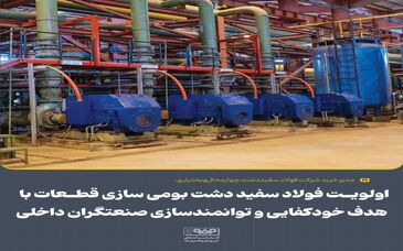 اولویت فولاد سفید دشت بومی سازی قطعات باهدف خودکفایی و توانمندسازی صنعتگران داخلی