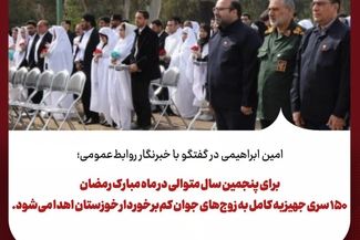 امین ابراهیمی در گفتگو با خبرنگار روابط‌عمومی؛در ماه مبارک رمضان ۱۵۰ سری جهیزیه کامل به زوج‌های جوان کم‌برخوردار خوزستان اهدا می‌شود
