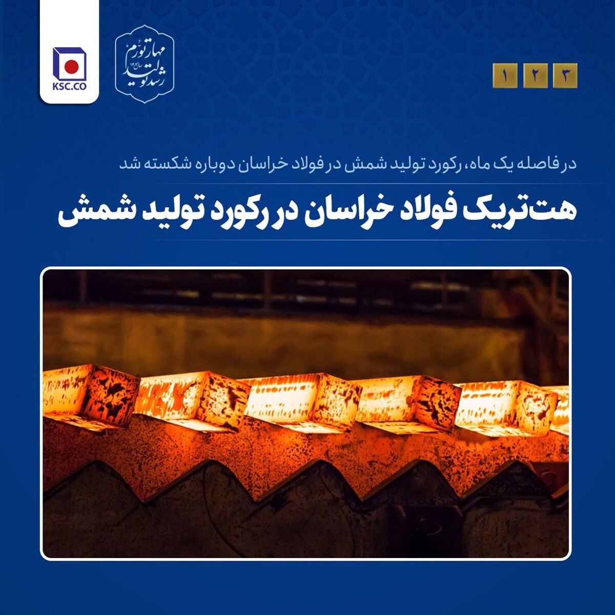 در فاصله یک ماه، رکورد تولید شمش فولادی در شرکت مجتمع فولاد خراسان دوباره شکسته شد 