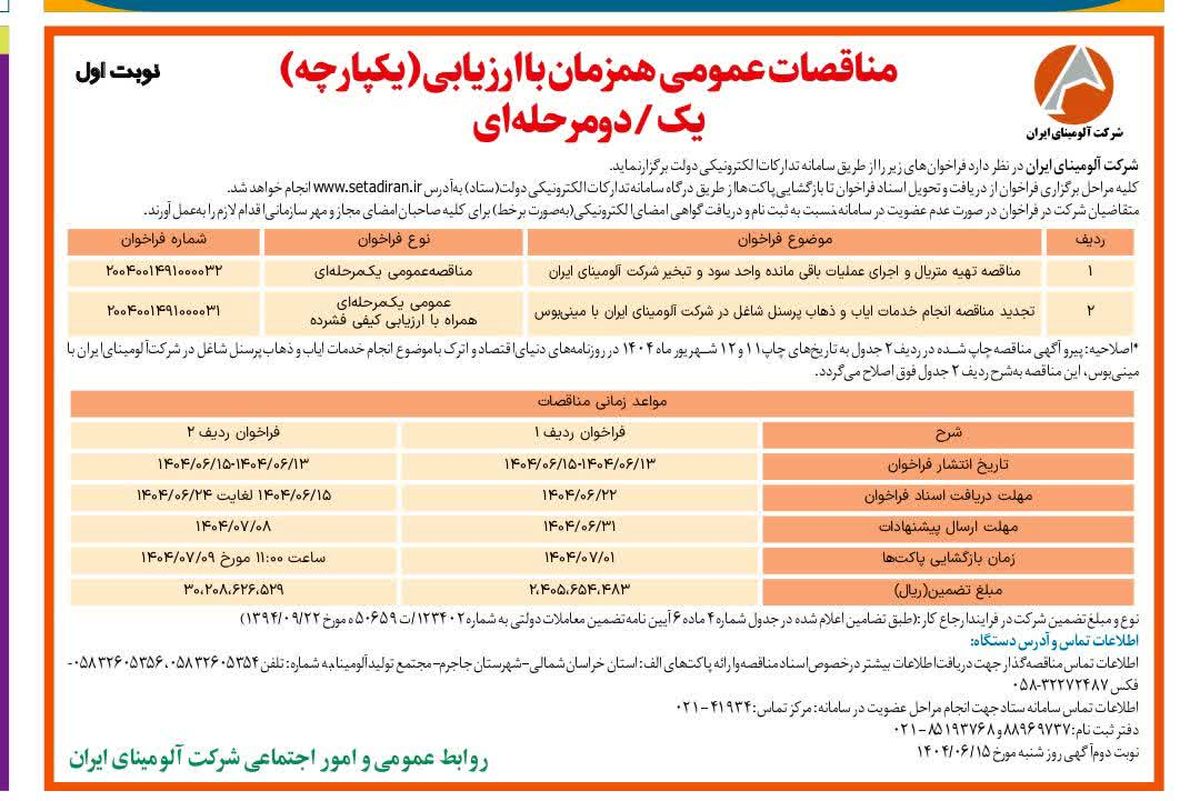 چاپ و انتشار  نوبت اول آگهی مناقصات شرکت آلومینای ایران  در روزنامه های 

