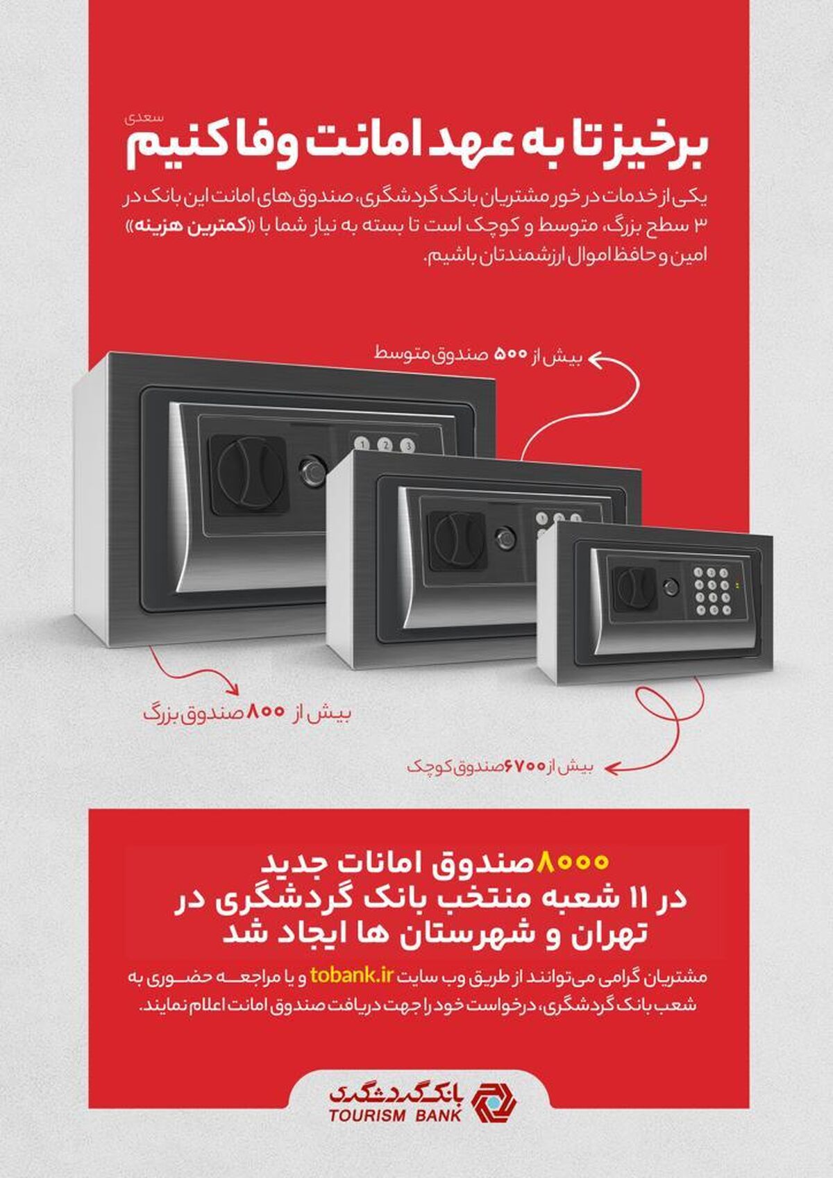 8 هزار صندوق امانات جدید در شعب منتخب بانک گردشگری ایجاد شد 