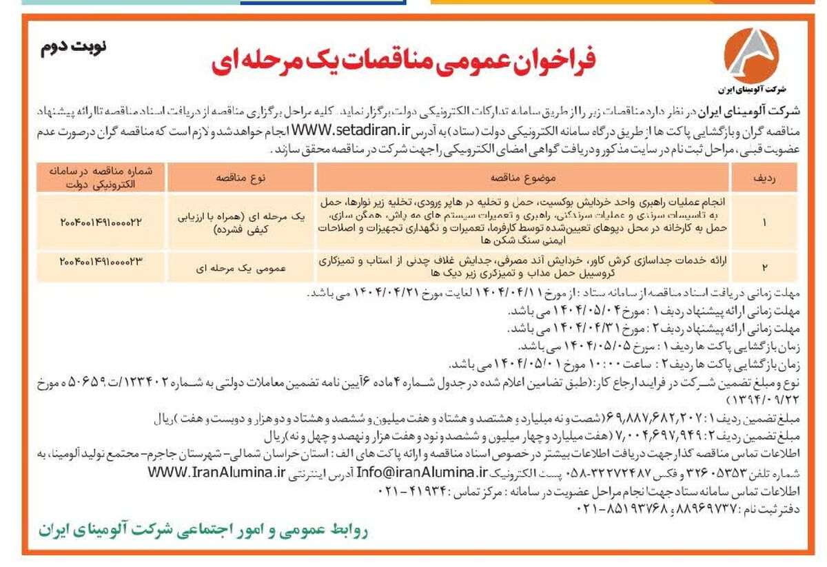 چاپ و انتشار  نوبت دوم آگهی مناقصات عمومی یک مرحله ای شرکت آلومینای ایران  در روزنامه های 