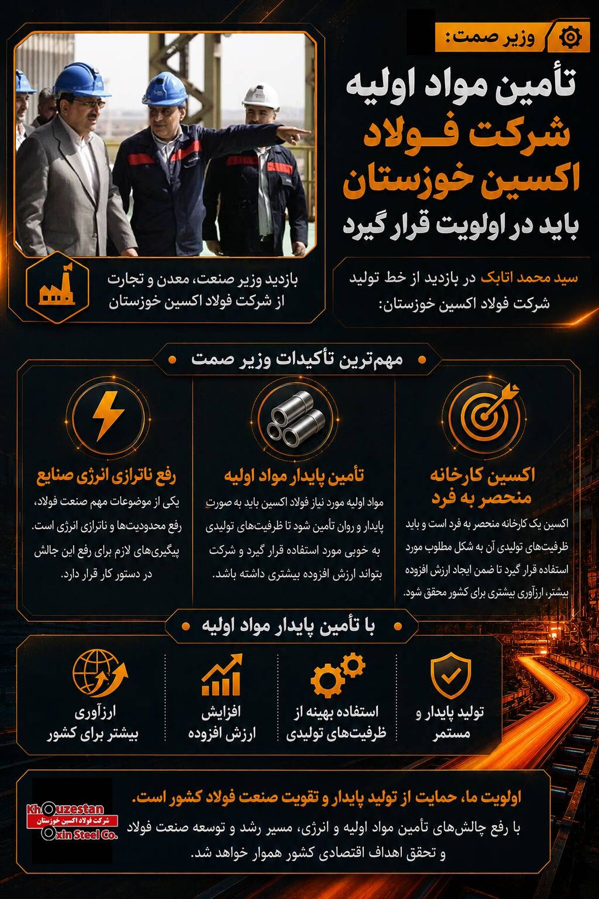 اینفوگرافیک: بازدید وزیر صنعت، معدن و تجارت از شرکت فولاد اکسین خوزستان

