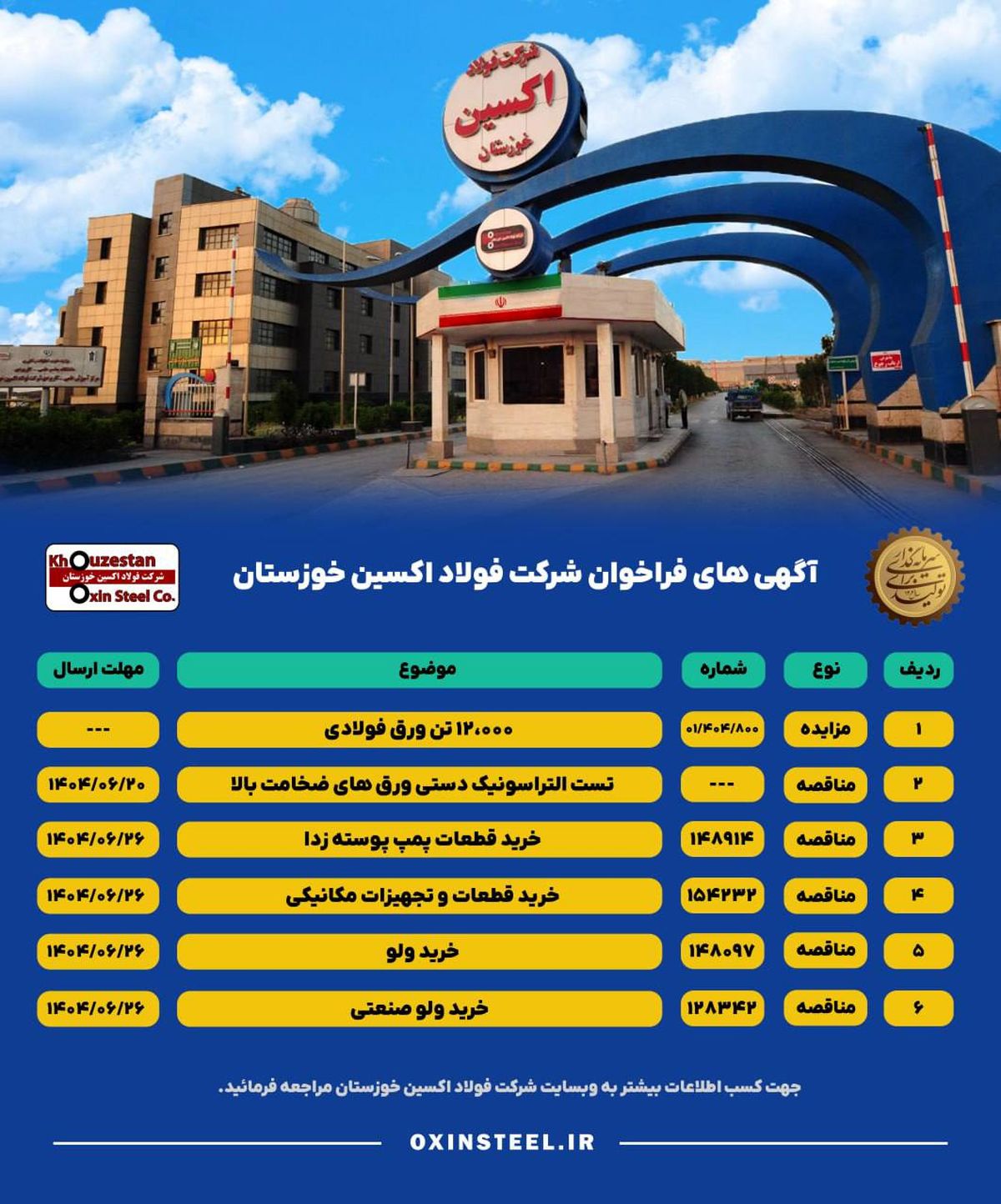 آگهی های فراخوان شرکت فولاد اکسین خوزستان