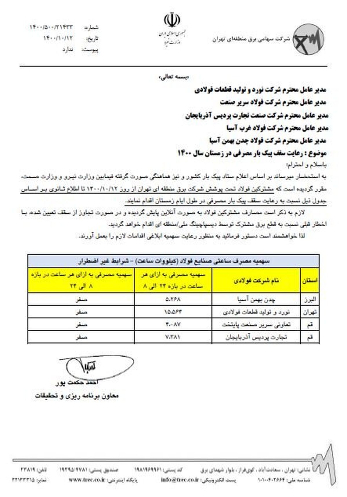 برق صنایع فولادی تحت پوشش شرکت برق منطقه‌ای تهران سهمیه‌ای شد